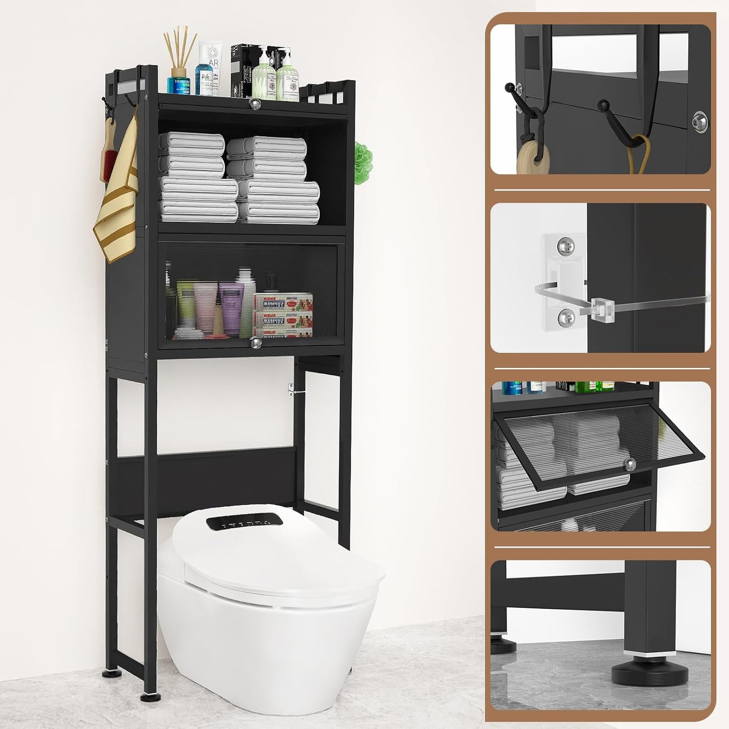 over the Toilet Storage Cabinet,3-Tier,Bathroom Toilet Organizer,Waterproof, Cabinet Door Design,Freestanding Space Saver with 4 Hooks for Bathroom,Black