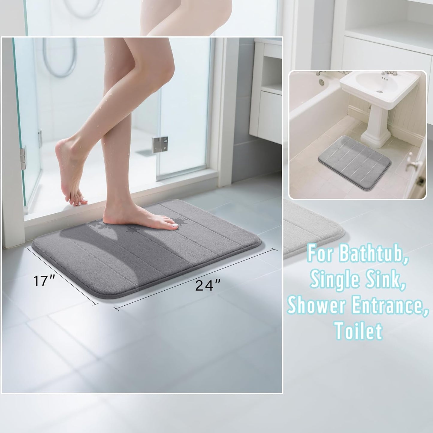 Memory Foam Bath Mat, Super Soft Absorbent Bathroom Rug Non Slip 24X17 Inch, Quick Dry, Machine Washable Floor Carpet for Tub Shower, Home Decor Accessories, Gray