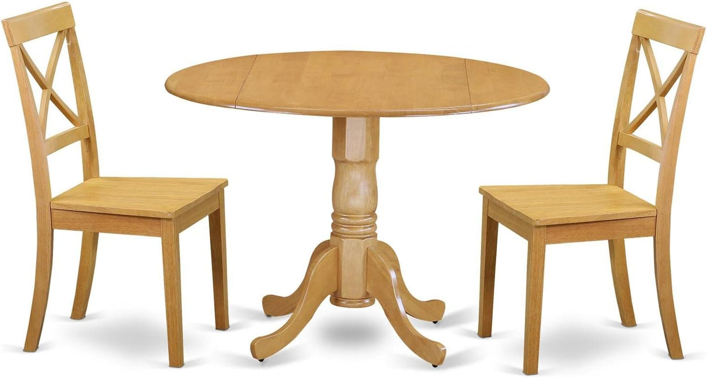 DLBO3-OAK-W 3 Piece Dining Set Contains a round Dining Room Table with Dropleaf and 2 Wood Seat Chairs, 42X42 Inch, Oak