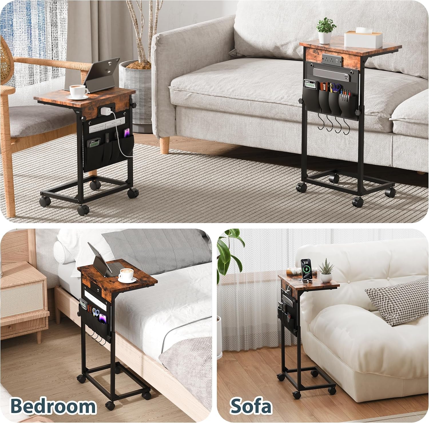 Adjustable Height Couch Table with USB-C Charging Station & Pocket Storage – Compact Couch Stand with Hooks & Wheels for Small Spaces & Living Room, Adjustable C Table