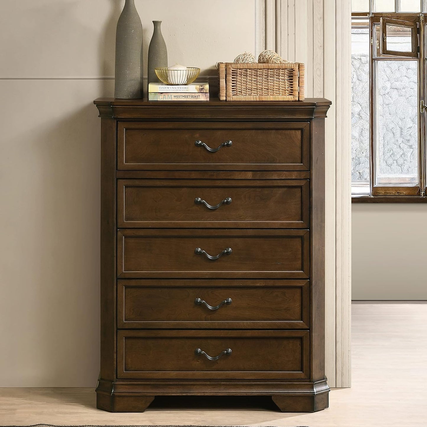 Maderne Traditional Wood Panel Bed with Dresser, Mirror, Two Nightstands, Chest, King, Antique Walnut Finish