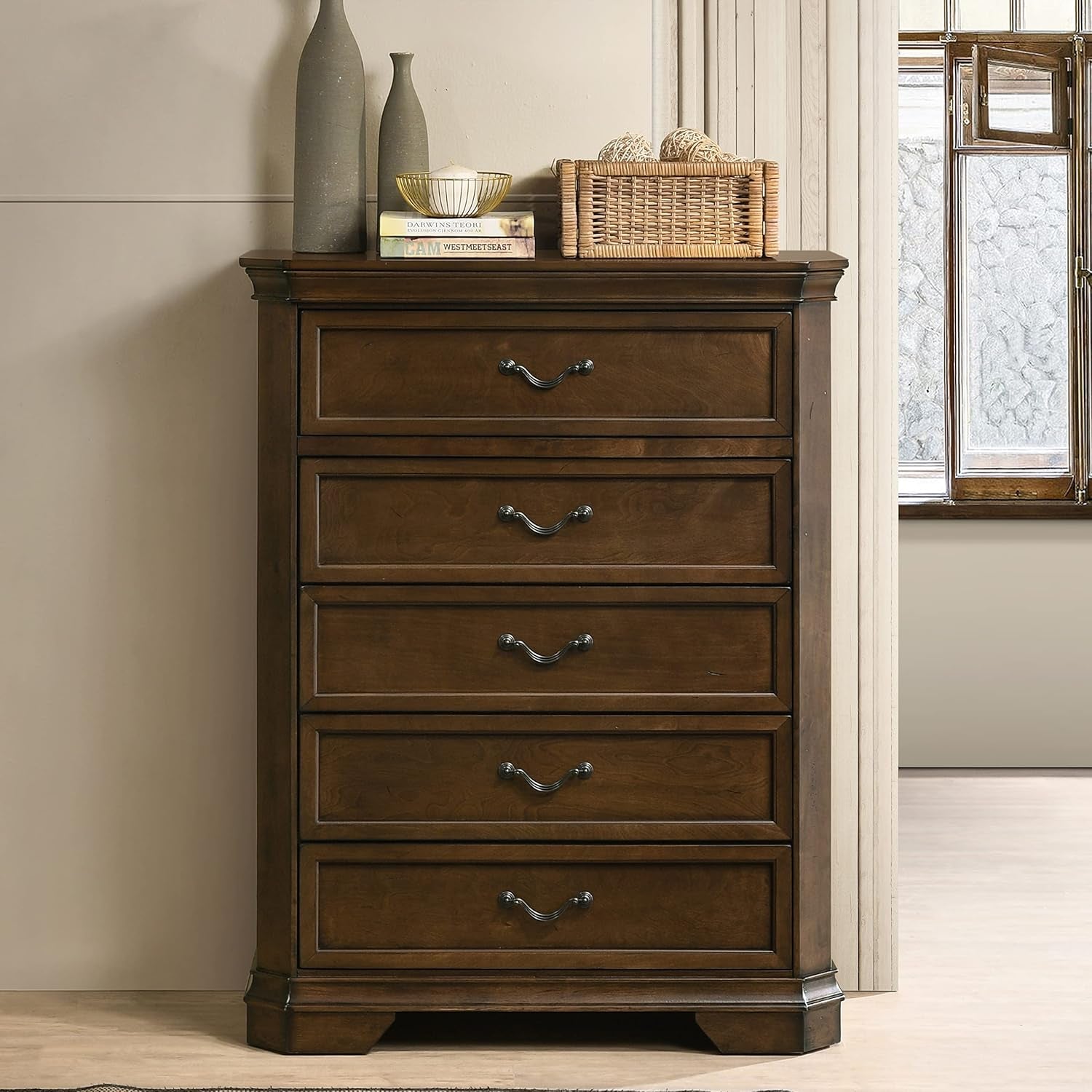 Maderne Traditional Wood Panel Bed with Dresser, Mirror, Two Nightstands, Chest, King, Antique Walnut Finish
