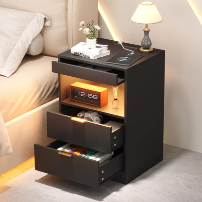 Night Stand, Bedside Table, LED Nightstand with Charging Station, Modern Night Stand, Wood Sofa Couch End Side Table with 2 Pull-Out Shelf (Black)