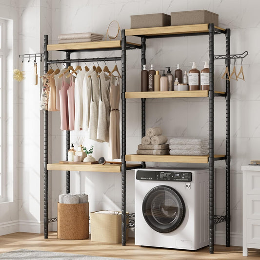 28" Over-The-Toilet/Washer Shelf – 5-Tier Laundry Organizer with Double-Layer Wood Shelves (100LB Capacity), Adjustable Height Storage for Small Spaces (Natural& Black)