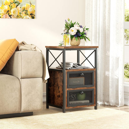 Modern Night Stand, End Side Table with Storage Space and Door, Nightstands with Flip Drawers for Living Room,Bedroom,Lounge,Set of 2, Brown