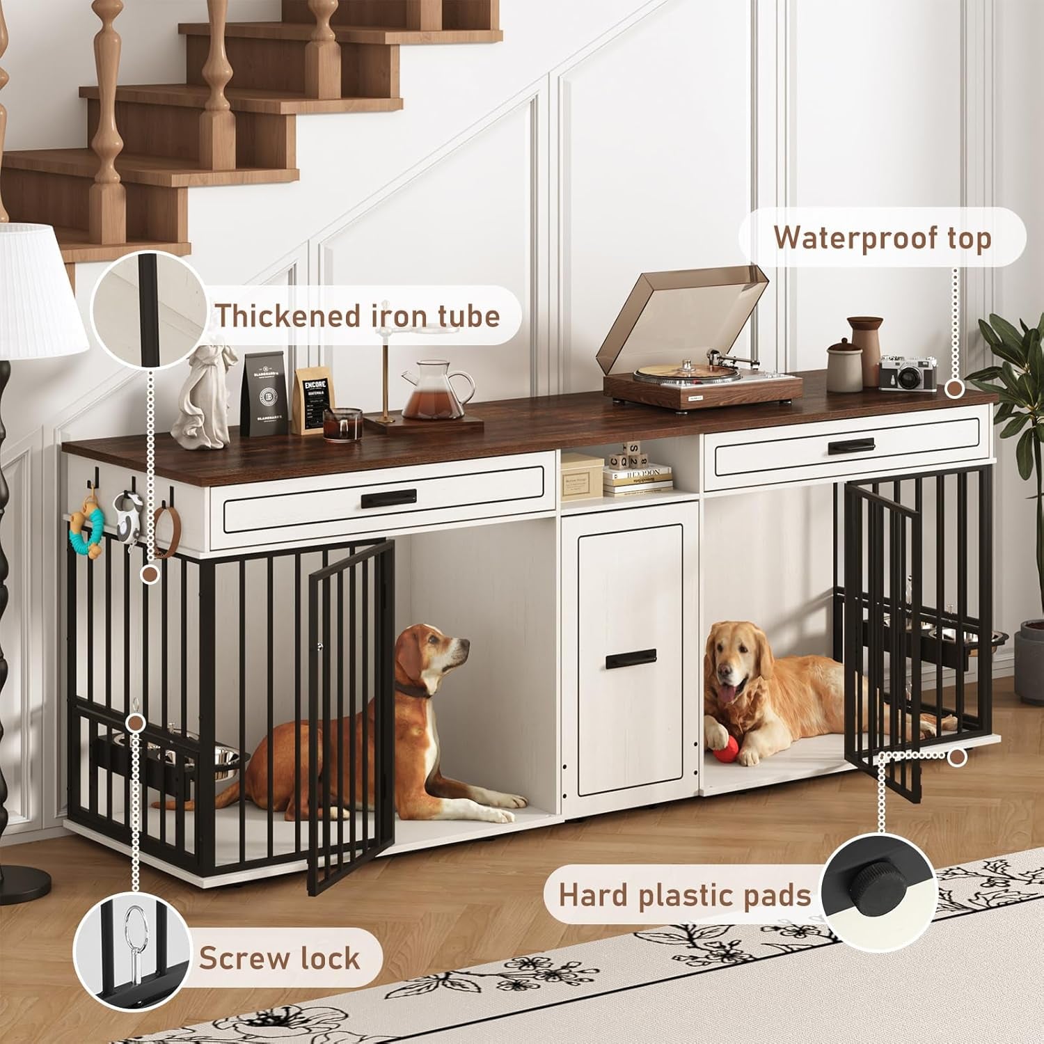 86.6" Dog Crate Furniture Large Breed TV Stand with Double Rooms, Wooden Dog Kennel Furniture with Dog Bowl, 2 Drawers and Cabinet for Large Medium Dogs, Brown