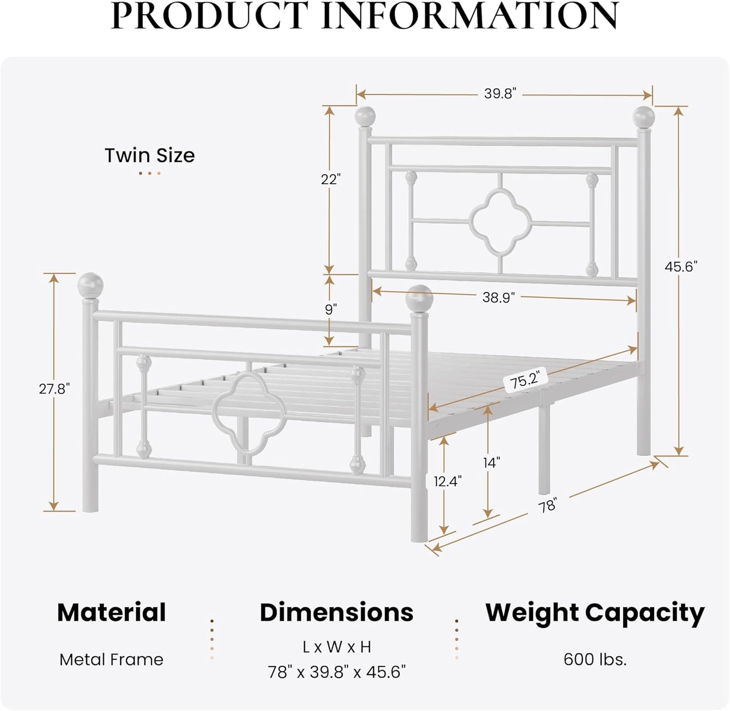 14 Inches Twin Size Metal Platform Bed Frame/Vintage Iron-Art Headboard and Footboard/Mattress Foundation for Storage/No Box Spring Needed/Noise-Free/Easy Assembly/White