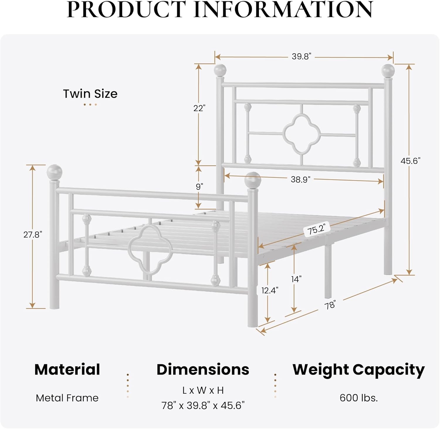 14 Inches Twin Size Metal Platform Bed Frame/Vintage Iron-Art Headboard and Footboard/Mattress Foundation for Storage/No Box Spring Needed/Noise-Free/Easy Assembly/White