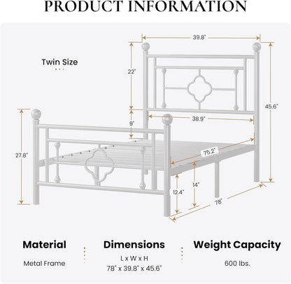 14 Inches Twin Size Metal Platform Bed Frame/Vintage Iron-Art Headboard and Footboard/Mattress Foundation for Storage/No Box Spring Needed/Noise-Free/Easy Assembly/White