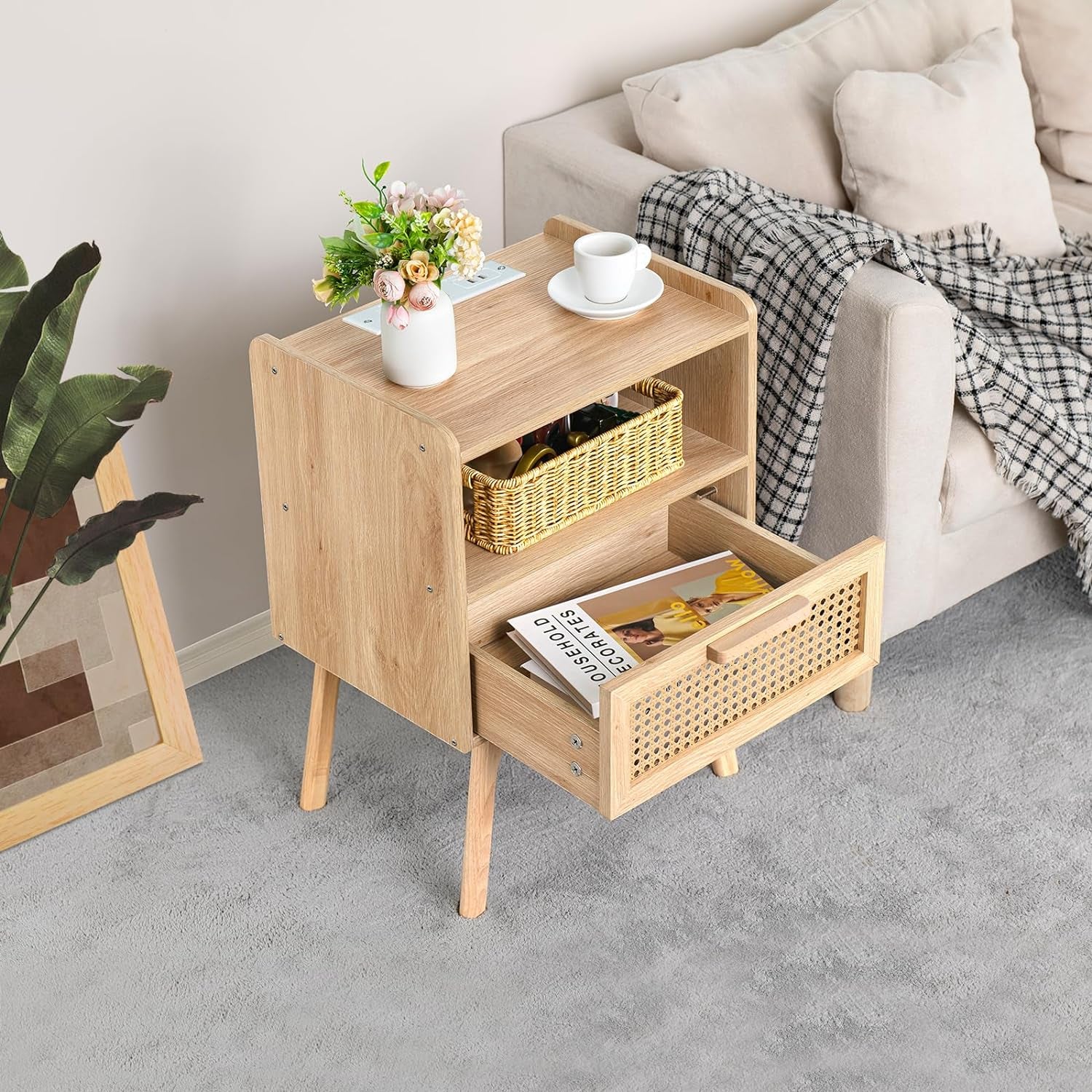 Rattan Nightstands Set of 2 with Charging Station, Boho Side Table with Drawer Open Shelf, Cane Accent Bedside End Table with Solid Wood Legs for Bedroom, Dorm and Small Spaces (Natural)