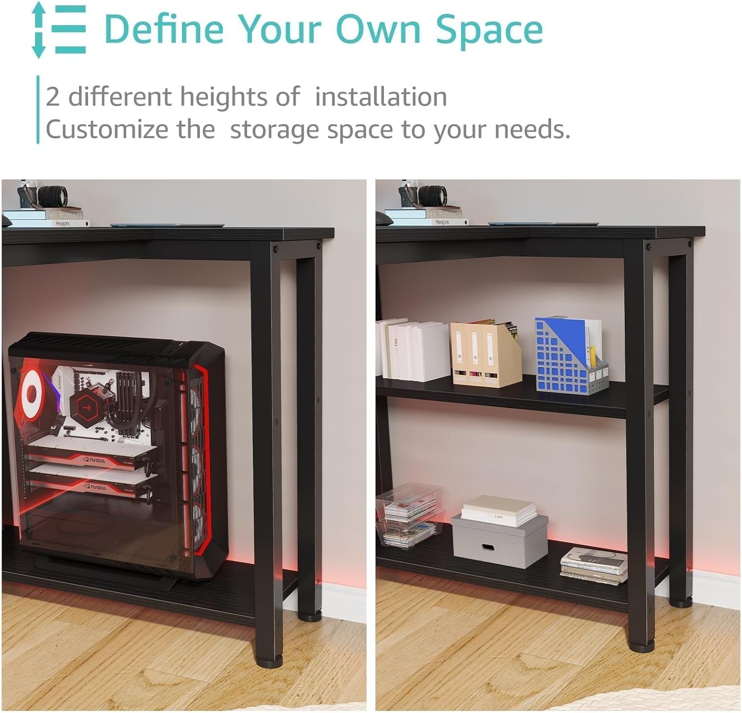 Black L Shaped Desk with Led Lights and Power Outlets, 47 Inch Writing Study Computer Gaming Desks with Fabric Drawers for Bedroom, Home Office Corner Desk with Monitor Stand Shelves, Black