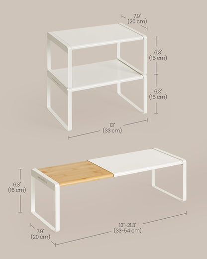 Spice Racks, Expandable Cupboard Shelf Orgnizers, Kitchen Counter Shelves, Bamboo and Metal, Space-Saving Shelving, Stackable, Light Bamboo and Cream White UKCS051N01