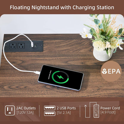 Floating Nightstand with Charging Station, Walnut Fluted Wall Mounted Nightstand with Drawers, Bedside with USB Ports and Outlets, Bedroom Furniture (Set of 2)