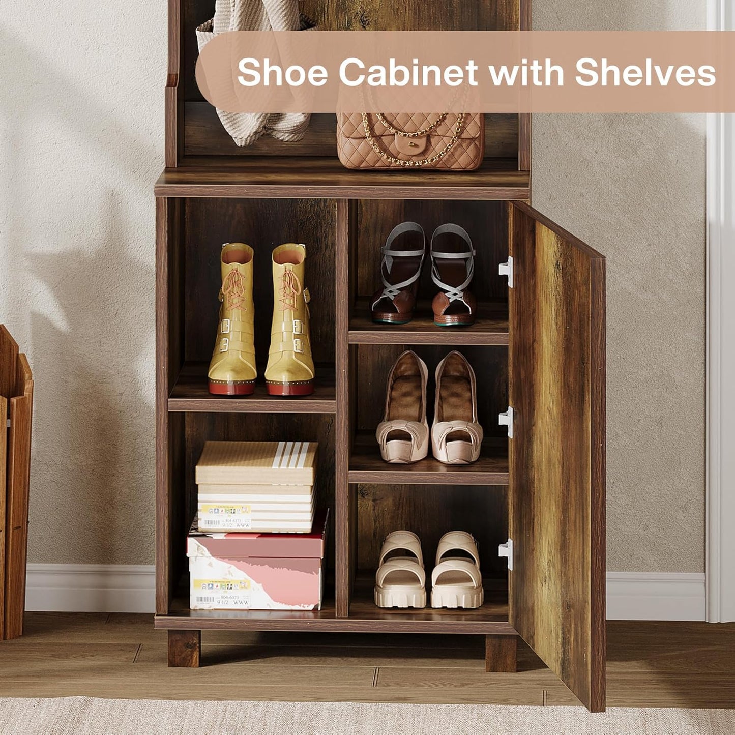 3-In-1 Entryway Hall Tree with Storage, Farmhouse Hall Tree with Coat Rack, Top Storage and Shoe Cabinet for Entryway, Hallway, Bedroom, Rustic Brown