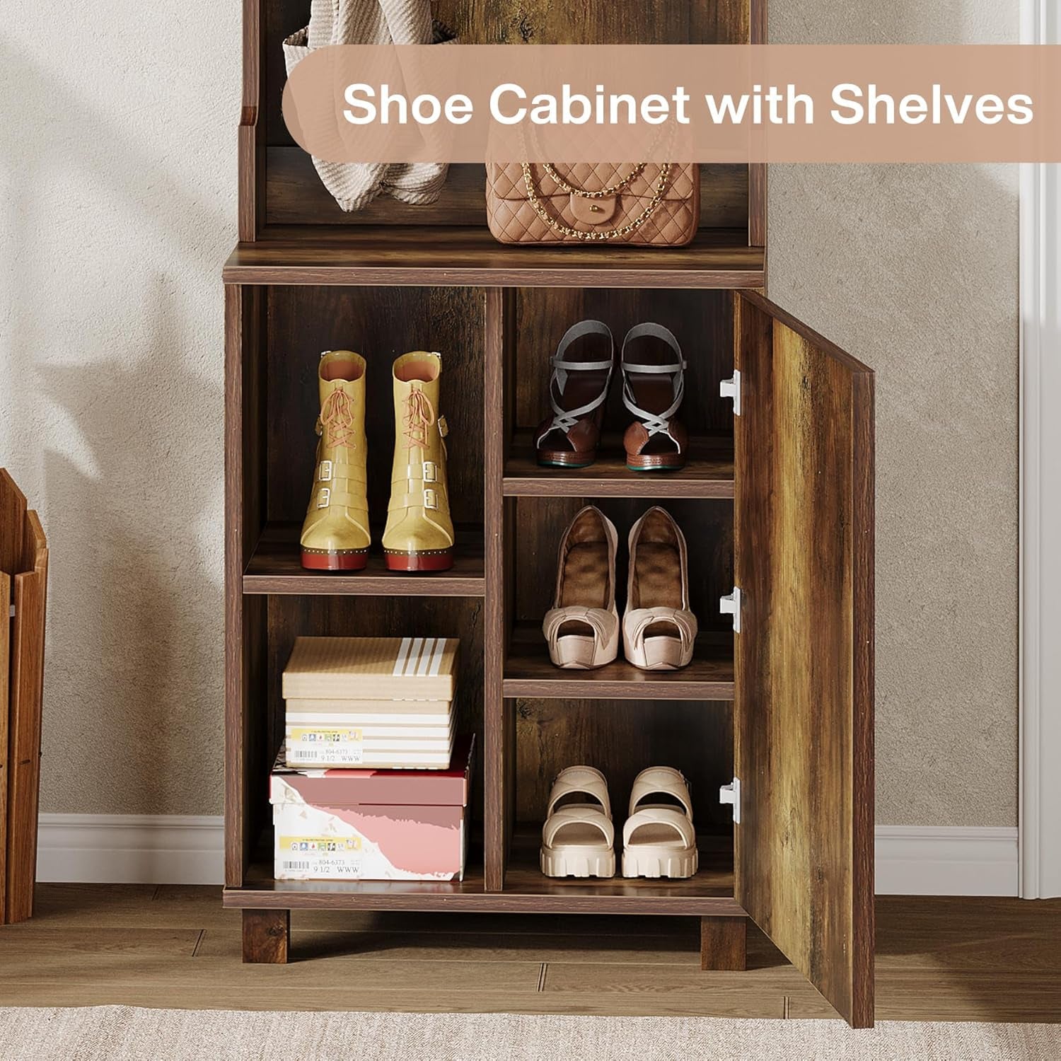 3-In-1 Entryway Hall Tree with Storage, Farmhouse Hall Tree with Coat Rack, Top Storage and Shoe Cabinet for Entryway, Hallway, Bedroom, Rustic Brown