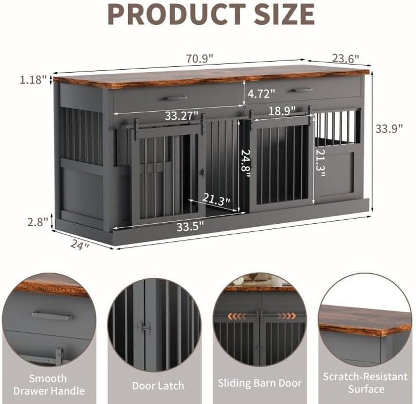 Large Dog Crate Furniture for 2 Dogs 71 Inches Decorative Indoor Dog Kennel Furniture with 2 Drawers XXL Heavy Duty Dog Crates Cage Furniture with Removable Divider and Sliding Doors Black