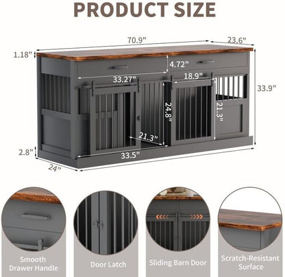 Large Dog Crate Furniture for 2 Dogs 71 Inches Decorative Indoor Dog Kennel Furniture with 2 Drawers XXL Heavy Duty Dog Crates Cage Furniture with Removable Divider and Sliding Doors Black