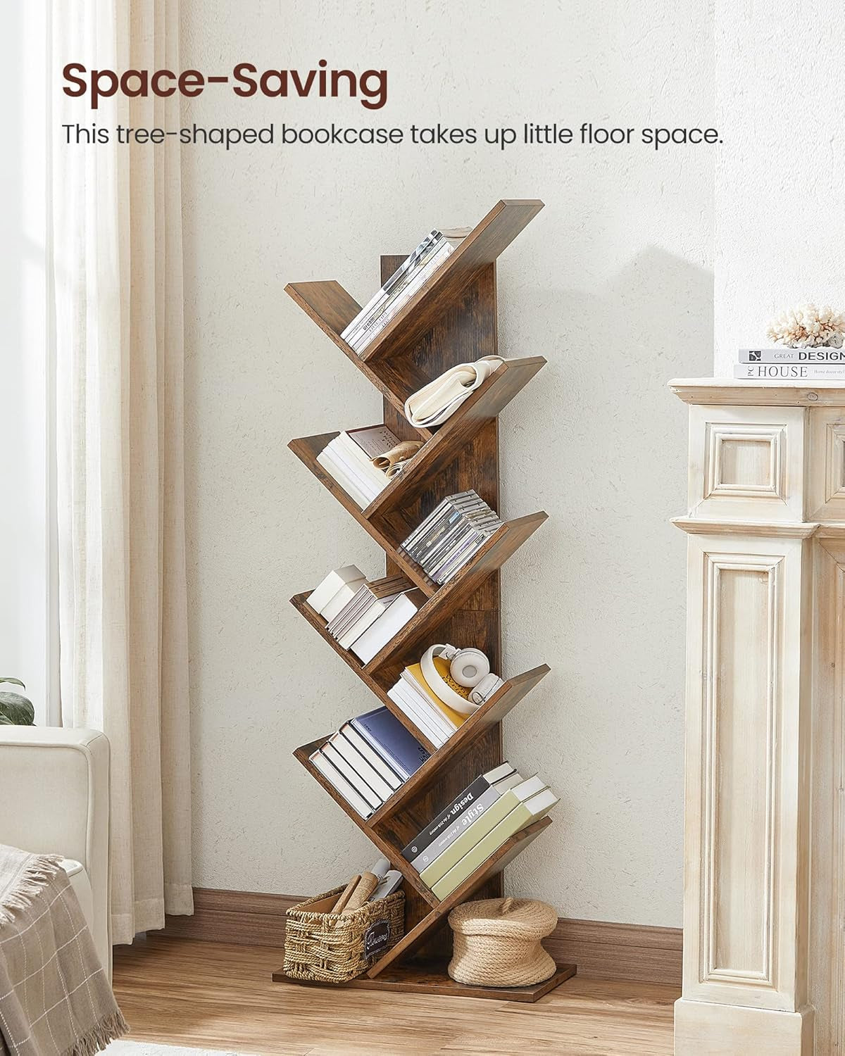 Tree Bookshelf, 5-Tier Bookcase, Small Bookshelf, Space-Saving Corner Shelf, Book Tree, Holds Books, Cds, Games, for Bedroom, Living Room, Home Office, Rustic Brown ULBC183X01