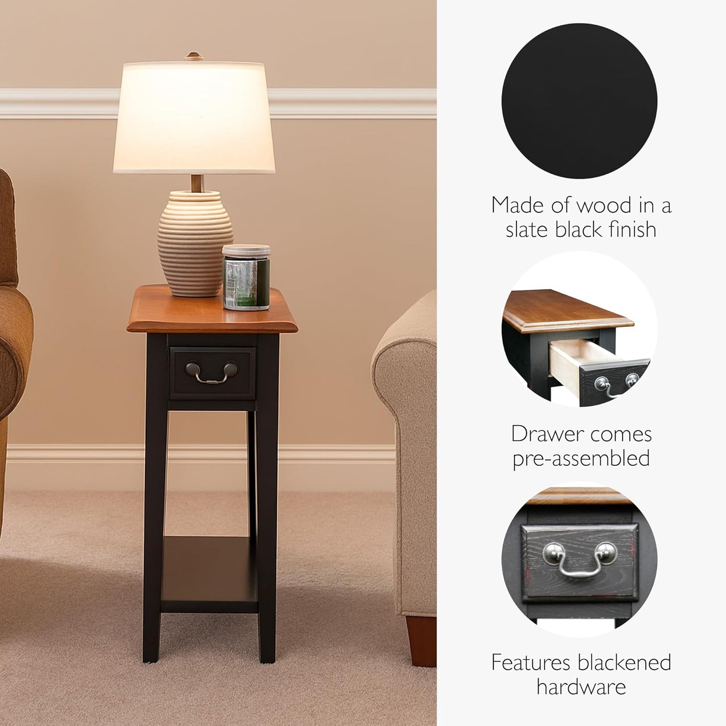 Haven Ridge Narrow Solid Wood Side Table with Drawer and Shelf, Medium Oak Brown and Slate Black, Perfect for Living Rooms, Bedrooms, and Small Spaces – , 9017-SL