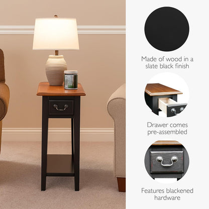 Haven Ridge Narrow Solid Wood Side Table with Drawer and Shelf, Medium Oak Brown and Slate Black, Perfect for Living Rooms, Bedrooms, and Small Spaces – , 9017-SL