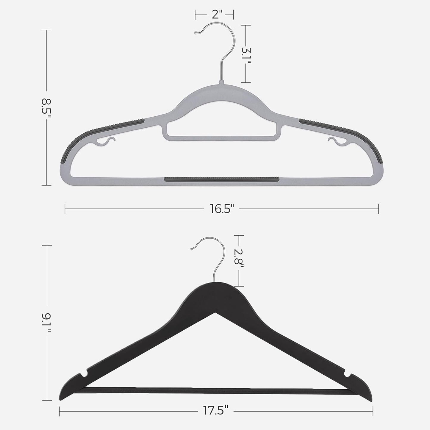 Plastic Hangers and Rubber Coated Wooden Hangers Bundle, Pack of 30 Hangers with Non-Slip Design, 20-Pack Clothes Wood Hangers, Gray, Silver and Black UCRP20G30 and UCRW011B02