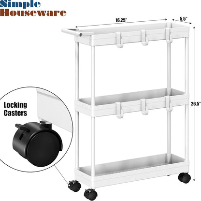 3-Tier Slim/Narrow Storage Cart with Handle, 5.5'' Wide X 26.5'' Height Rolling Organizer for Kitchen, Bathroom, Laundry Room - White