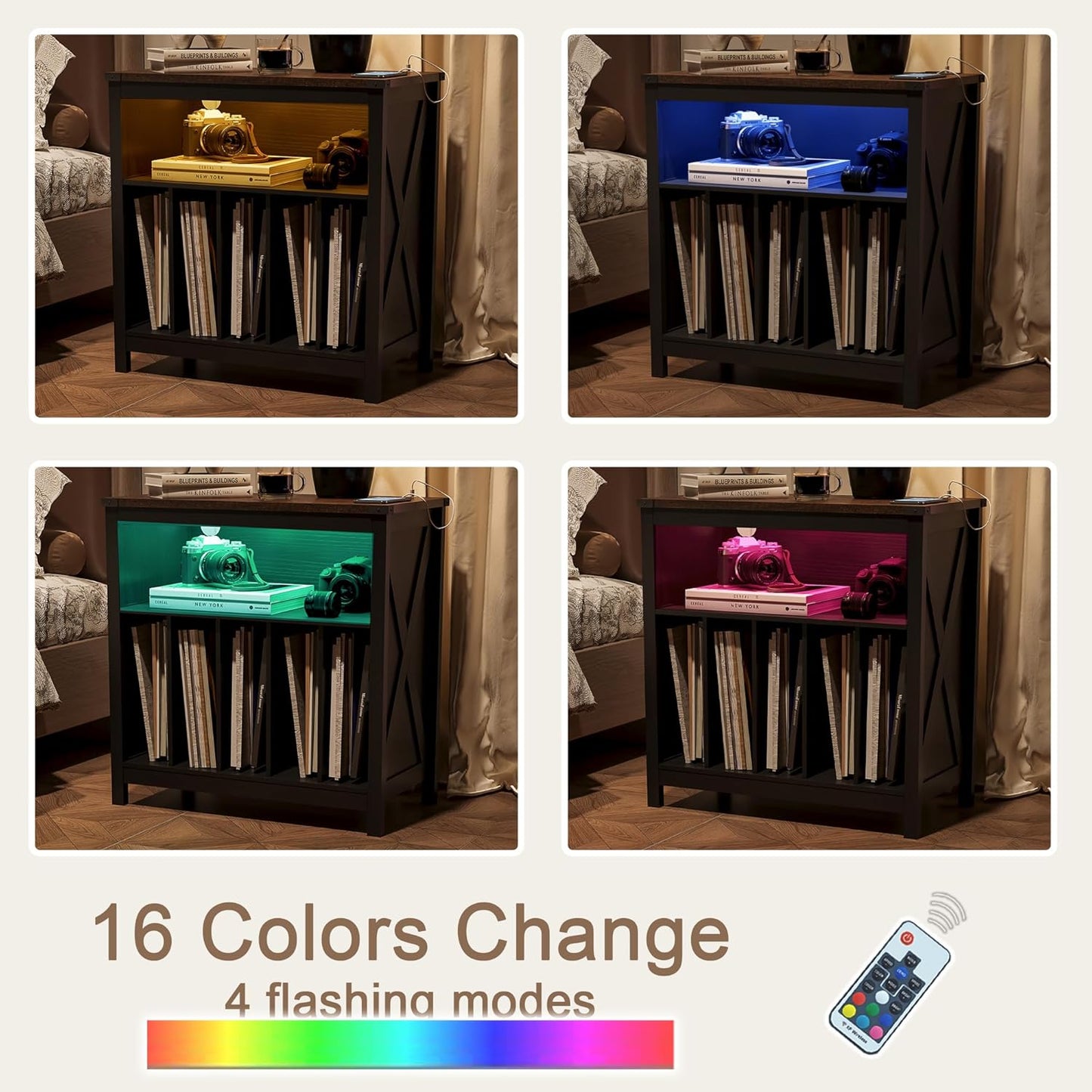 Large Record Player Stand with Charging Station & LED Light, Vinyl Record Holder Hold up to 300 Albums, Farmhouse End Table for Bedroom, Living Room, Black