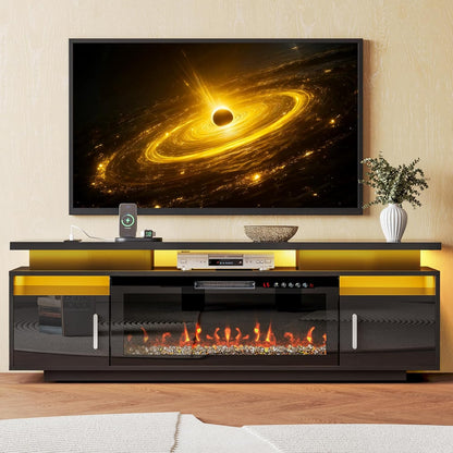TV Stand with Fireplace, 67In Entertainment Center with Opening Shelves Modern Storage Cabinets and LED Lights, for 80 Inch Tvs, for Living Room, Black