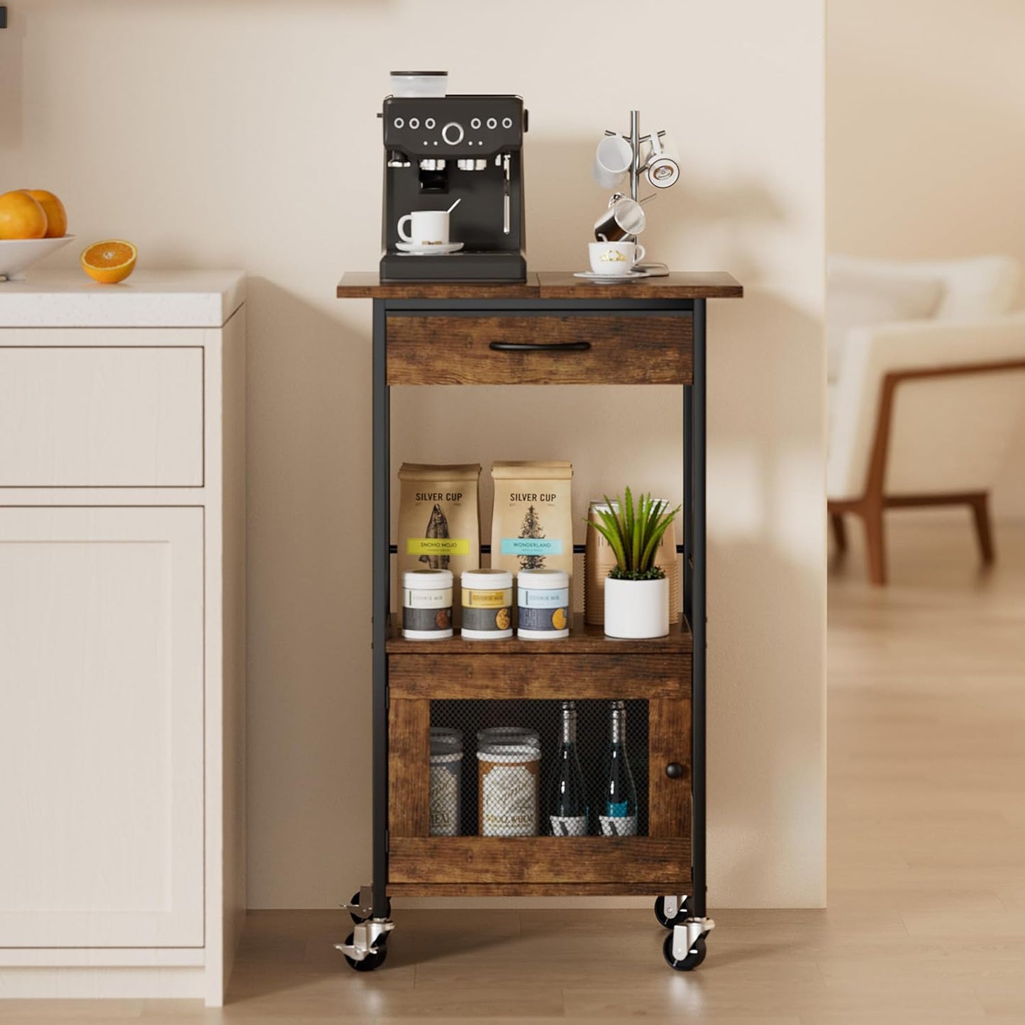 Buffets Coffee Bar Cabinet - Rolling Kitchen Rack, Farmhouse Small Coffee Stand with Storage Drawer and Door Cabinet - Kitchen Microwave Stand for Apartment, Living Room, Entryway, Espresso