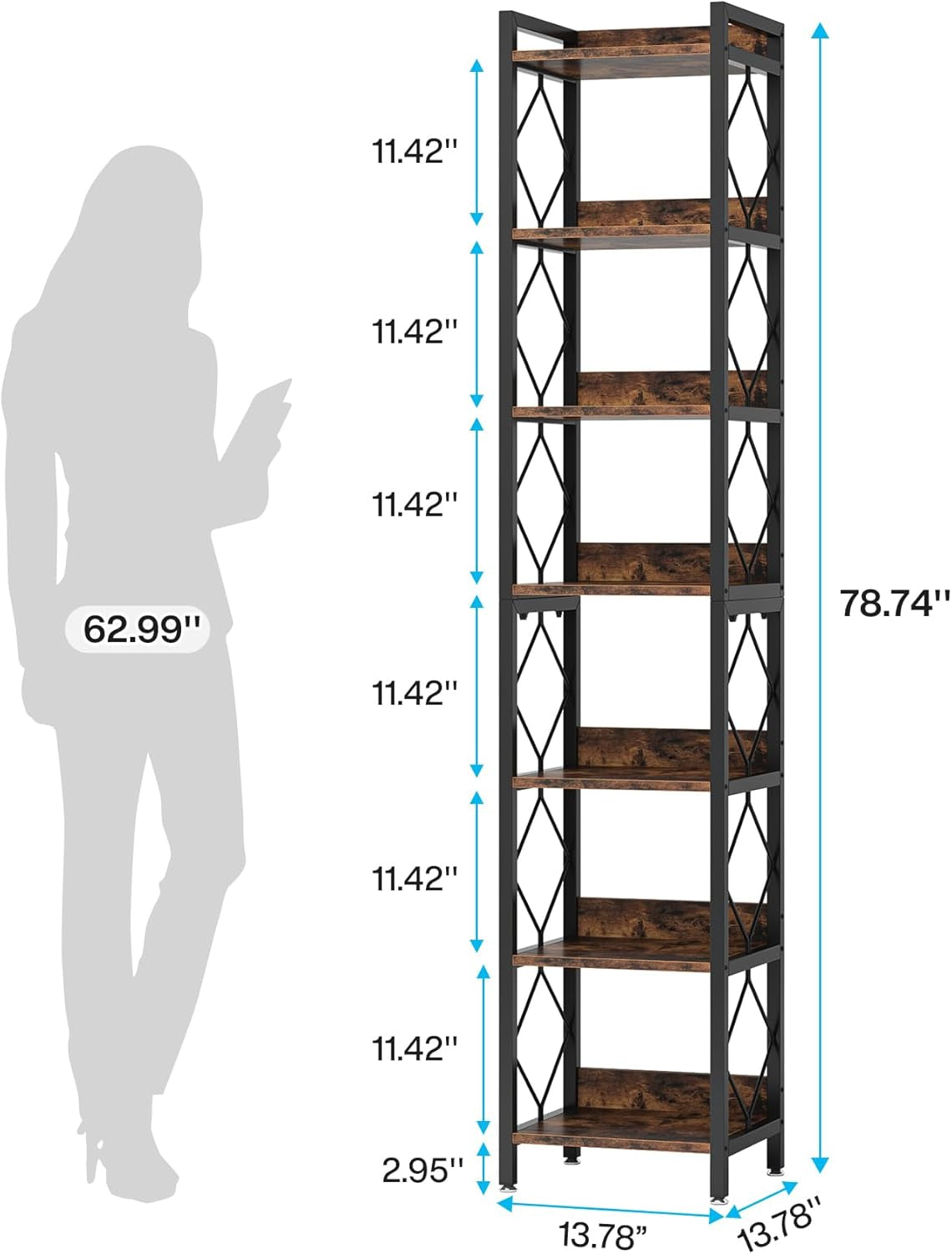 78.7 Inch Extra Tall Narrow Bookshelf, 7 Tier Skinny Bookcase for Small Spaces, Freestanding Display Shelves, Multifunctional Corner Storage Organizer for Home Office, Rustic Brown