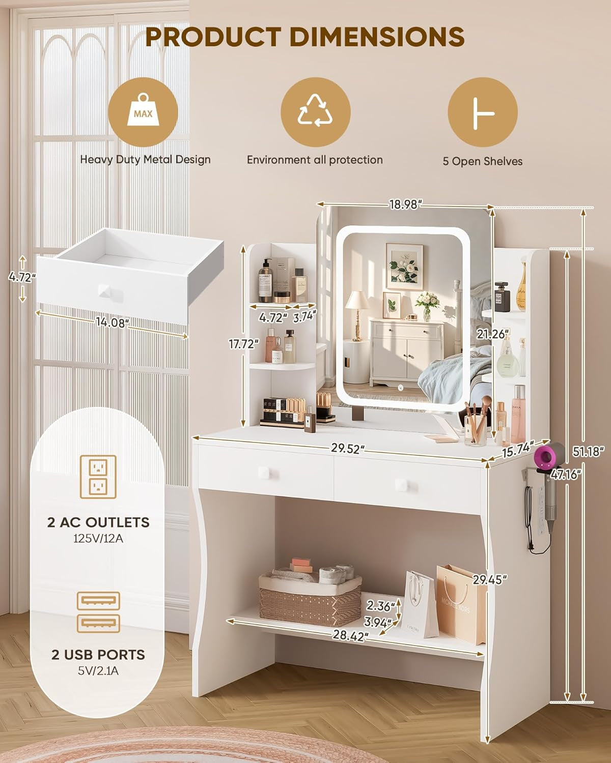 Small Makeup Vanity Desk, 29.5" W X 15.8" D X 51.2" H, White (Smart LED Mirror, Hairdryer Rack, Power-Outlet, 5 Shelves, 2 Drawers)
