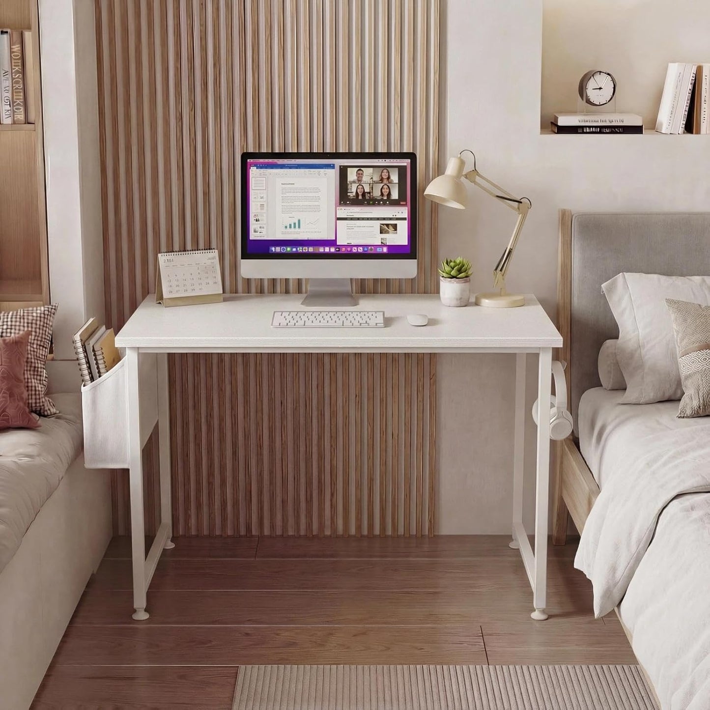 White Computer Desk for Bedroom - 40 Inch Simple Modern Study Table Kid Girls Student Home Office Writing Desk, White