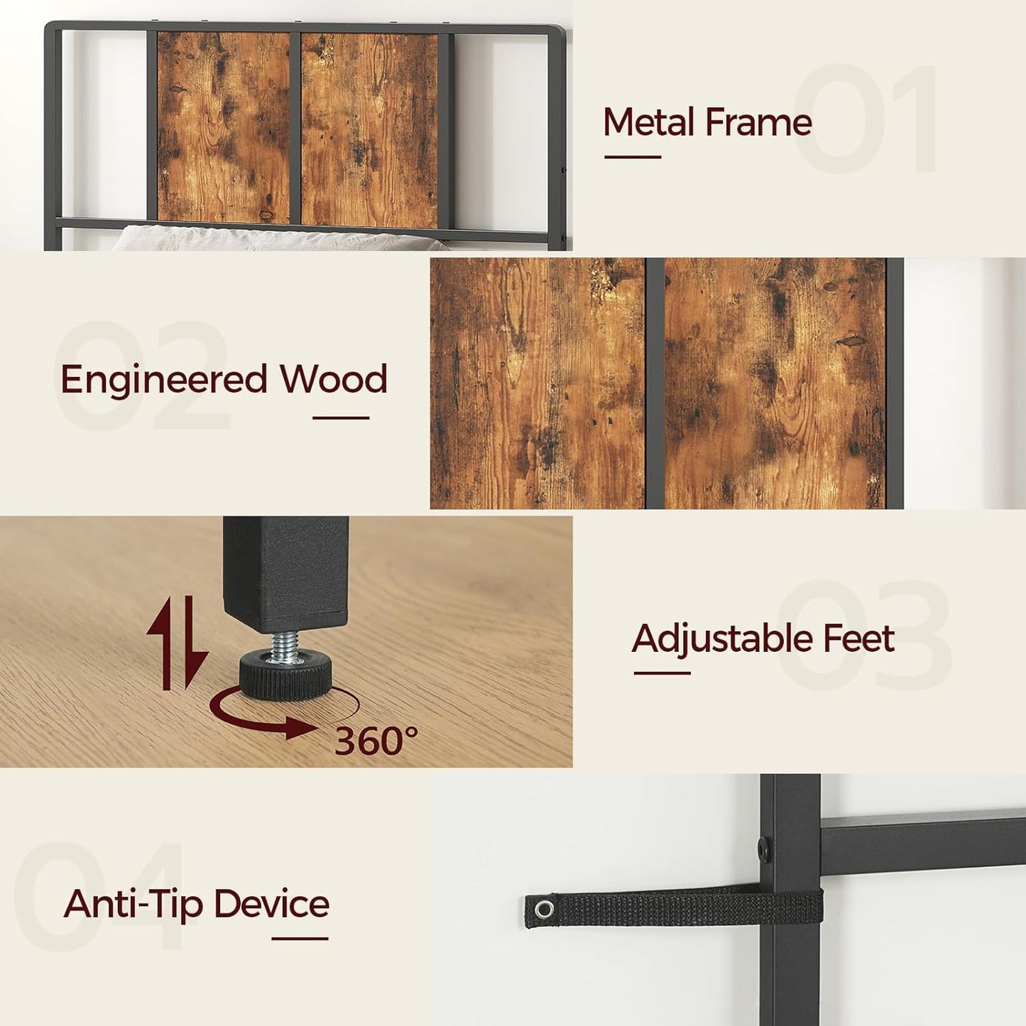 Twin Size Headboard Only, Metal Headboard with Adapters, Minimalist Industrial Style for Twin Size Beds, Rustic Brown and Black