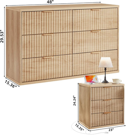 Fluted Dresser and 3 Drawers Nightstand Set of 2, Wood 48" Wide Dresser & 23" Night Stand with Charging Station, 3 Piece Bedroom Furniture Set, Chest of Drawers for Home,Living Room,Wood