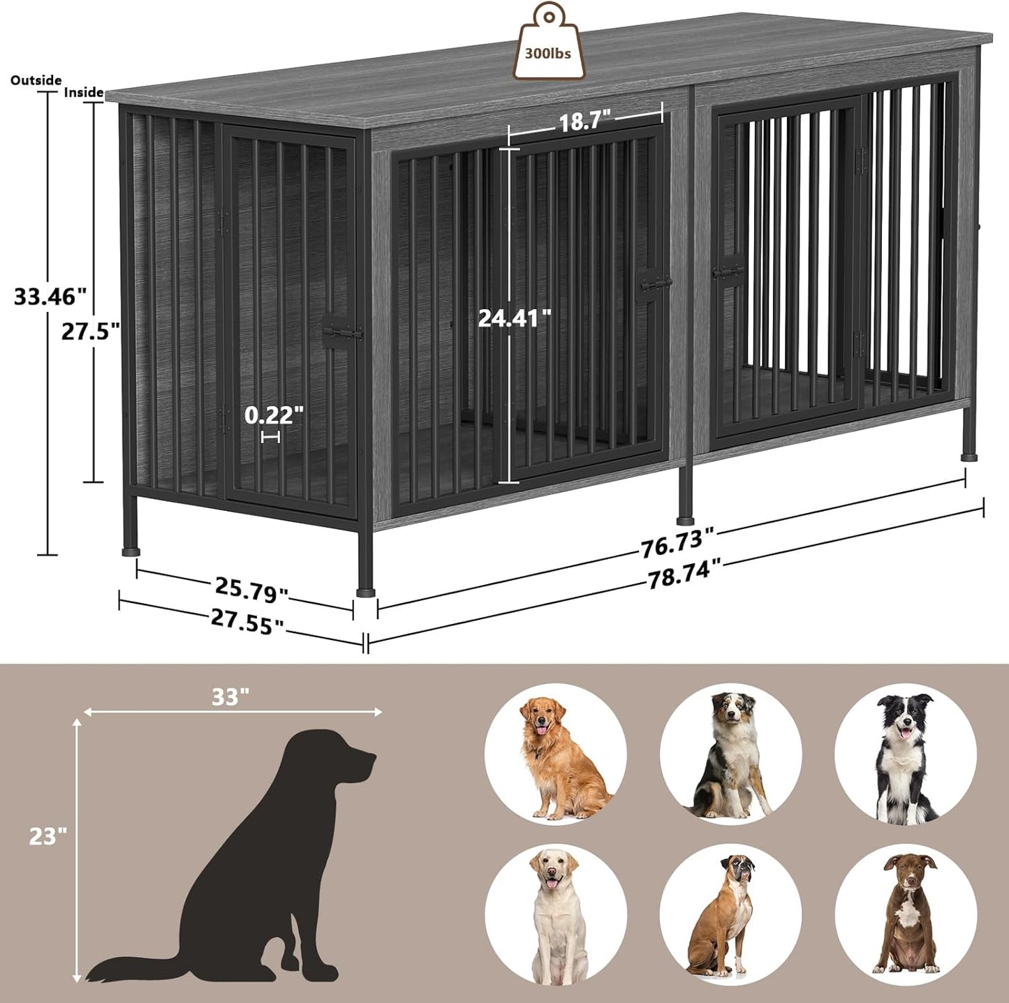 Dog Crate Furniture for 1 or 2 Dogs, Heavy Duty Single/Double Dog Crates for Small/Medium/Large Dogs, Dog Kennel Furniture Indoor as TV Stand, Large Size 78.74" L(35-60 Pounds), Dark Grey
