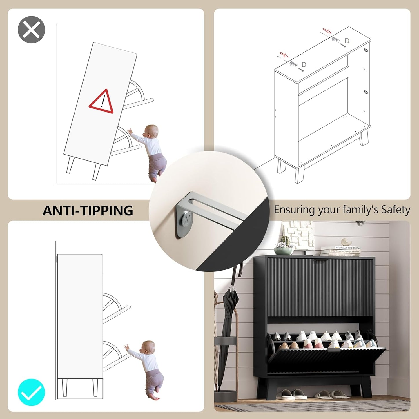 Shoe Cabinet Storage for Entryway with 2 Flip Drawers, Fluted Narrow Shoe Organizer with Wooden Legs, Freestanding Slim Shoe Storage Hidden Shoe Rack Organizer for Front Door Entrance, Black