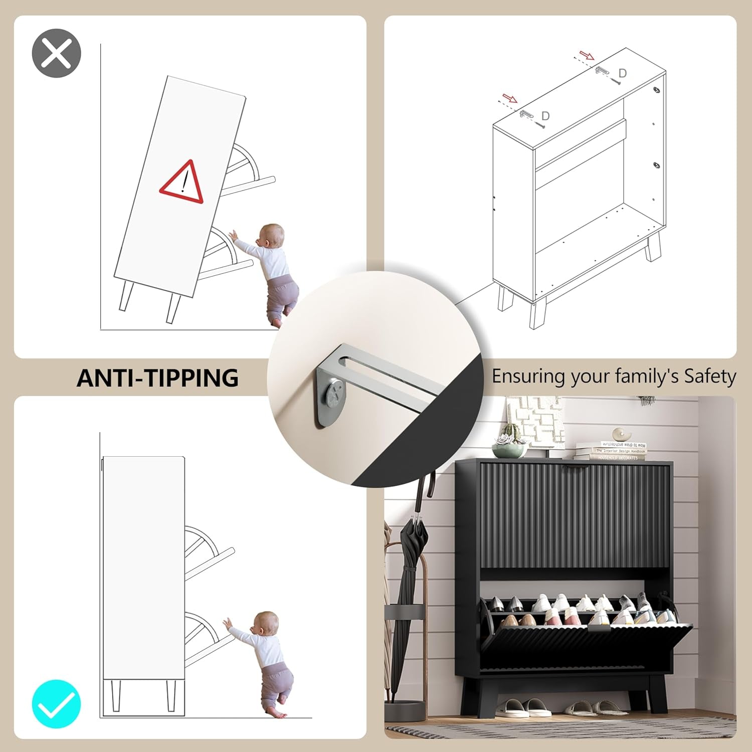 Shoe Cabinet Storage for Entryway with 2 Flip Drawers, Fluted Narrow Shoe Organizer with Wooden Legs, Freestanding Slim Shoe Storage Hidden Shoe Rack Organizer for Front Door Entrance, Black