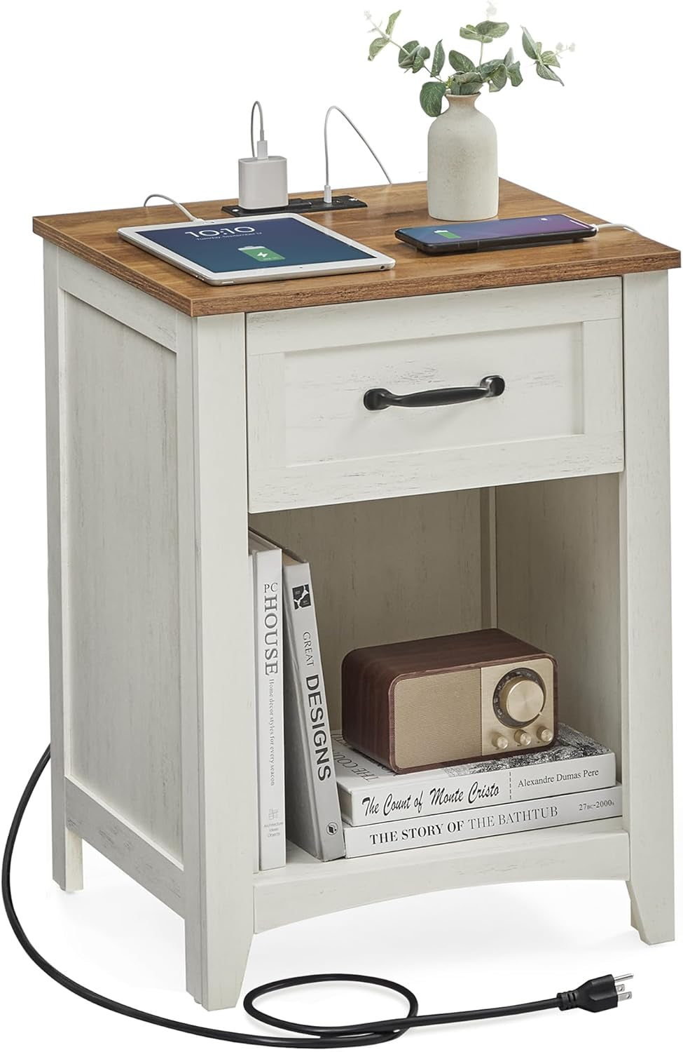 LIRY Collection - Farmhouse Nightstand with Charging Station, Bedside Table, Side Table with Drawer, Open Compartment, for Bedroom, Rustic White and Honey Brown ULET659K41