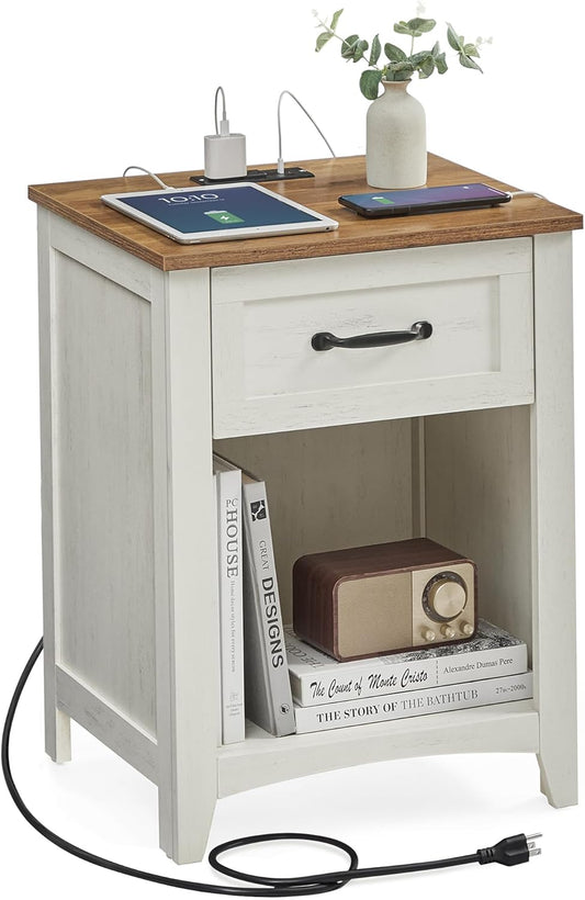 LIRY Collection - Farmhouse Nightstand with Charging Station, Bedside Table, Side Table with Drawer, Open Compartment, for Bedroom, Rustic White and Honey Brown ULET659K41