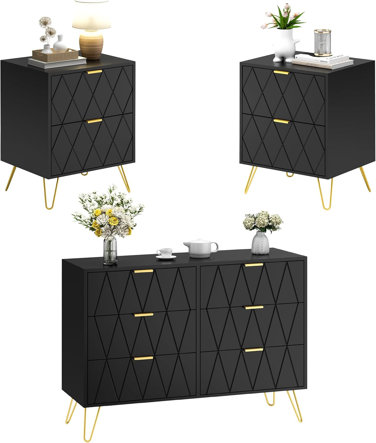 3 Pcs Bedroom Set, 6 Drawer Dresser and 2 Nightstand Sets for Bedroom, Night Stand Set of 2 & 6 Drawer Dresser with Gold Handle, Modern Set (Black)