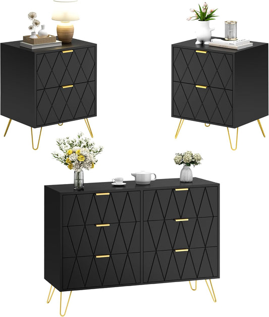3 Pcs Bedroom Set, 6 Drawer Dresser and 2 Nightstand Sets for Bedroom, Night Stand Set of 2 & 6 Drawer Dresser with Gold Handle, Modern Set (Black)
