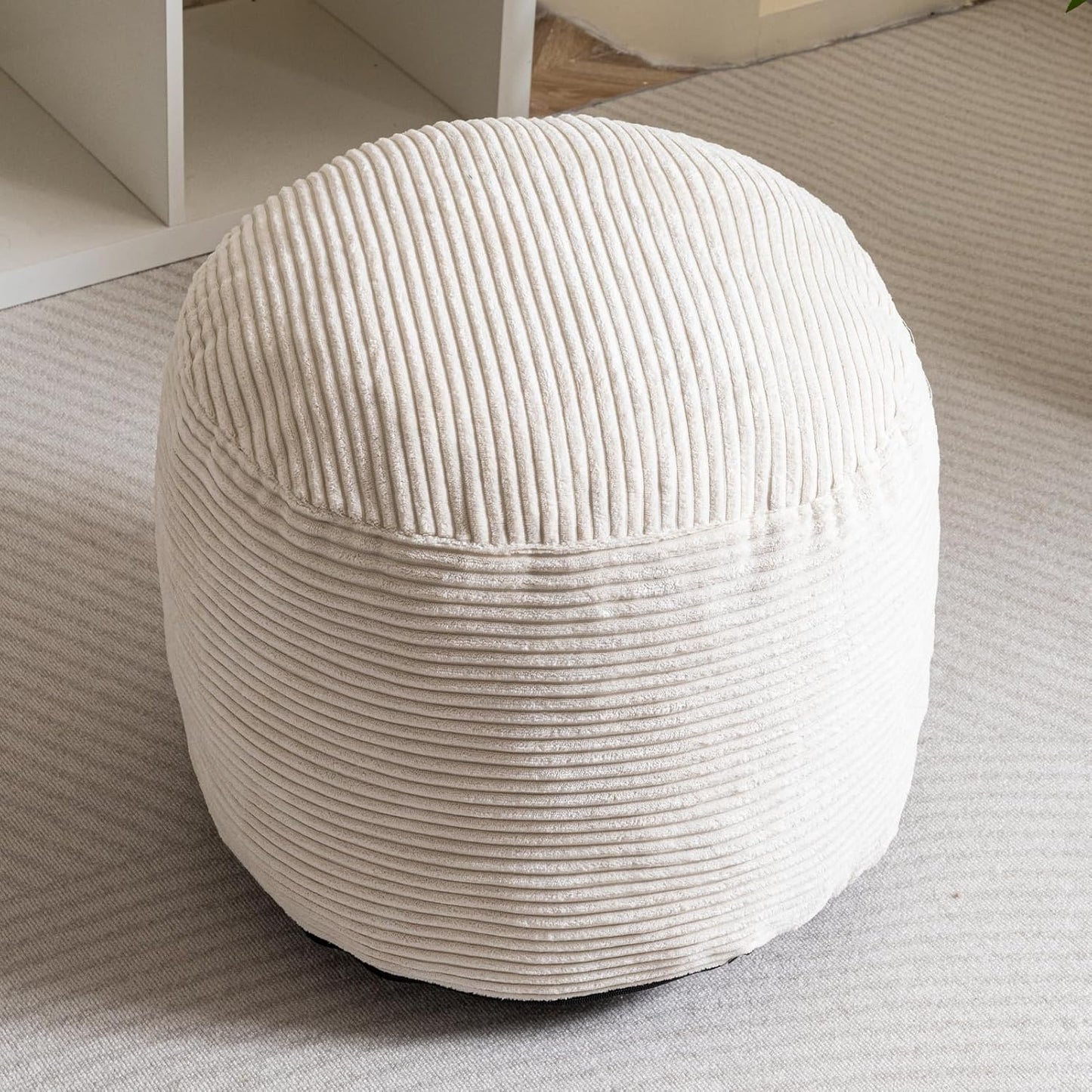 round Stuffed Pouf Ottoman, Corduroy Poufs with Foam Chunk Filling, Furry and Fluffy Pouf Foot Stool Storage Ottoman, 20 X 15 Floor Poufs Foot Rest for Living Room, Beige