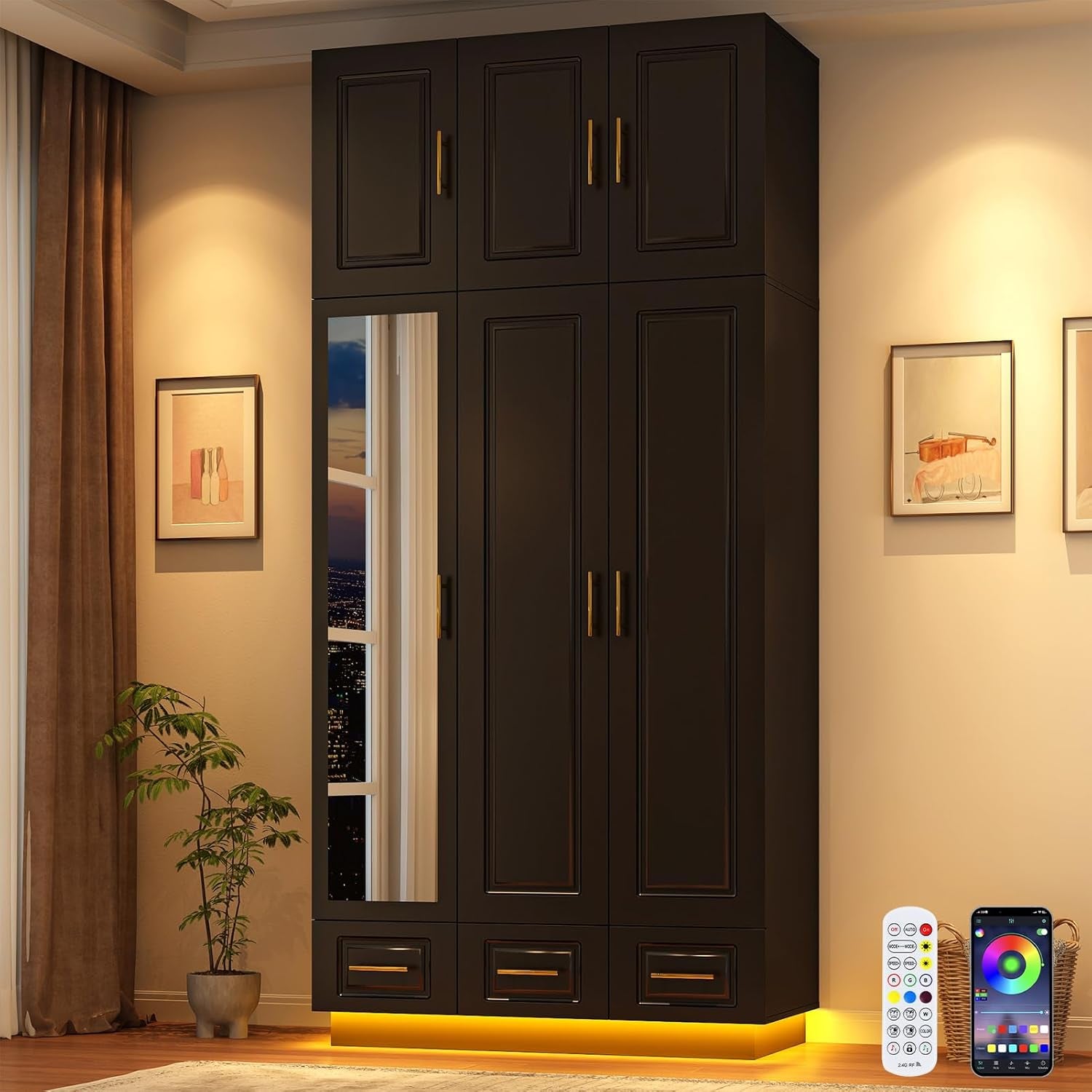 Large Armoire Wardrobe Closet Cabinet with Drawers and LED Lights, Multi-Tier Shelves, Hanging Rod, Large Capacity Storage 3 Door Wardrobe Armoire with Top Cabinet for Bedroom, Black