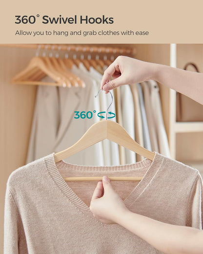 Wooden Hangers, Pack of 24, Coat Hangers, Non-Slip, Pants Bar, 360° Swivel Hooks, for Jackets, Shirts, Coats, Natural Wood UCRW010N24