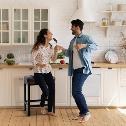 Bar Stools Set of 2, 24 Inch Counter Height Stools, PU Leather Upholstered Bar Chairs with Footrest, Modern Bar Stools for Kitchen Island, Dining, Living Room, Brown