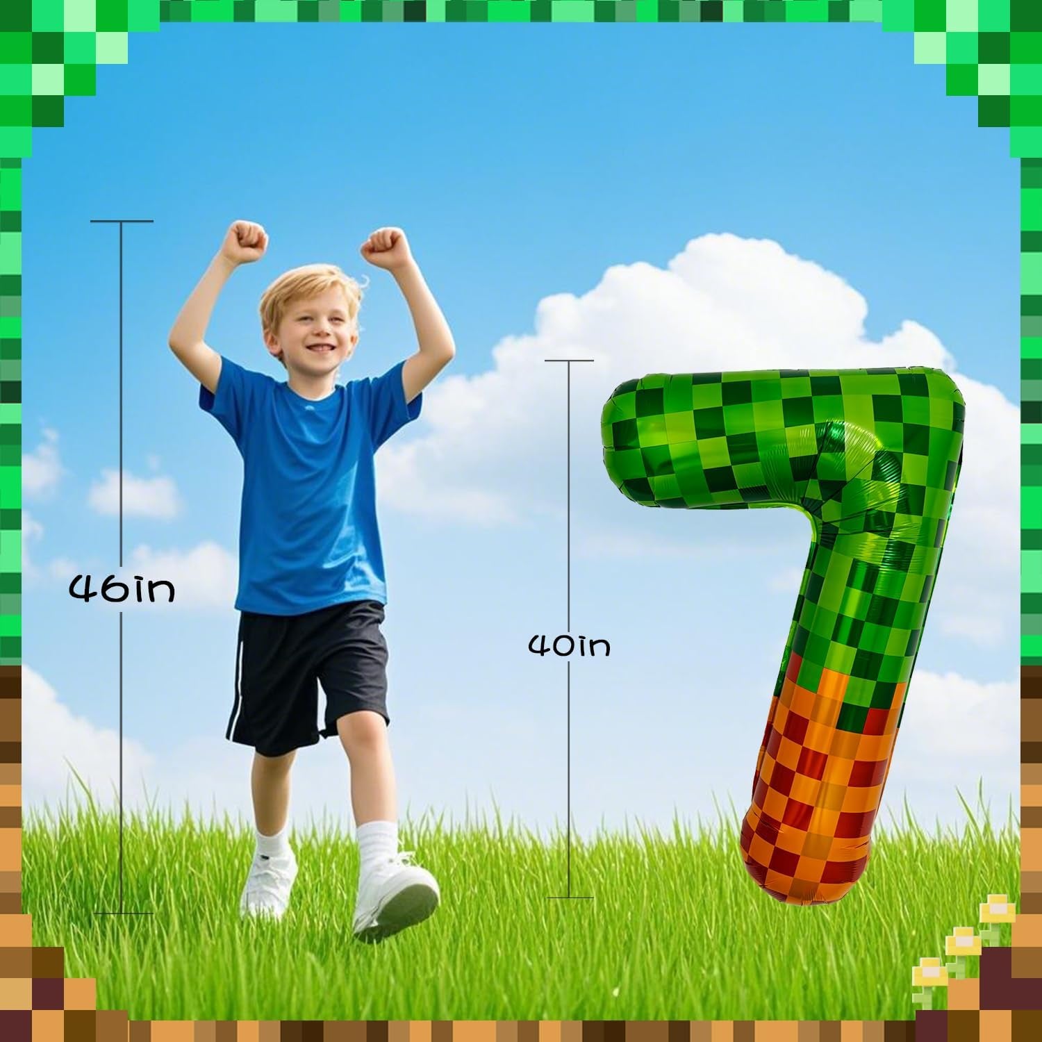 Pixel & TNT Theme 40In Giant Number Balloons - Foil Mylar Birthday Party Decorations for Kids Adults Cumpleaños, Block Style Pixel Art Shape Balloon Decor Supplies (Pixel, Number 7)