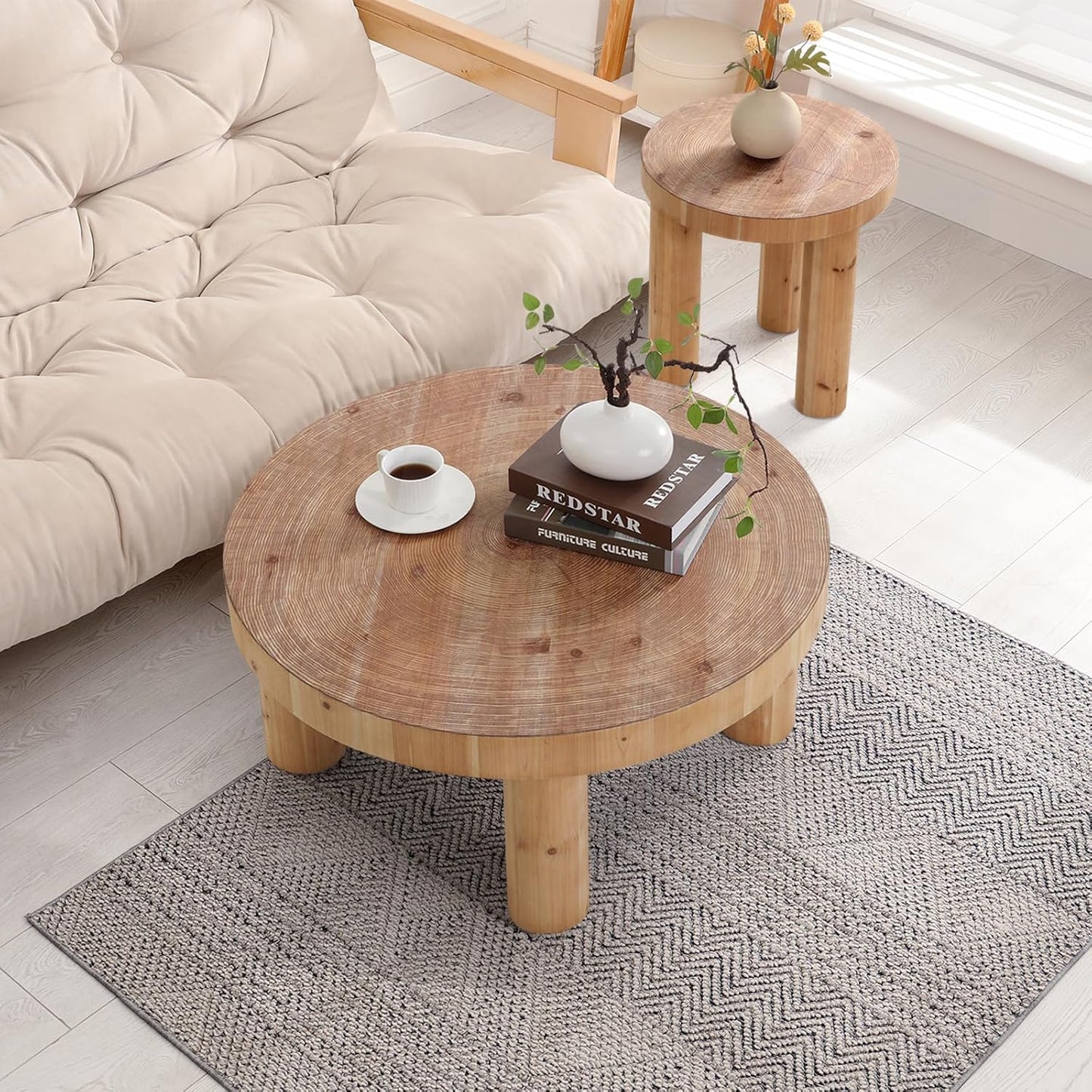 2-Piece round Farmhouse Coffee Table, Rustic Coffee Table Sets, Circle Wooden Ring Finish with Solid Wood Legs, Center Tables Set for Living Room (Natural)