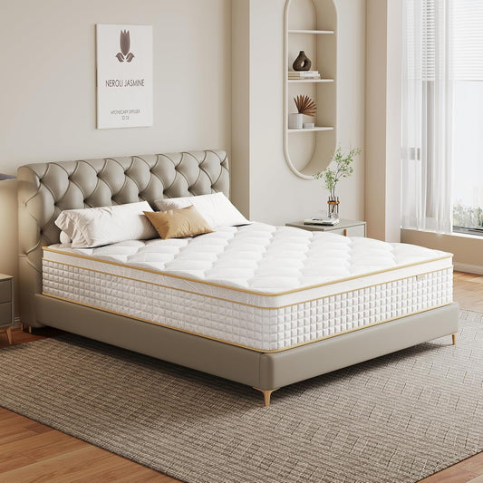 Queen Mattress 12 Inch, Hybrid Mattress in a Box with Memory Foam and Pocket Springs for Pressure Relief, Medium Firm Queen Size Mattress, Motion Isolation, Certipur-Us.