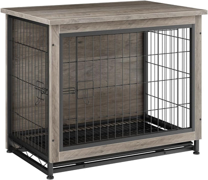 Dog Crate Furniture, Wooden Dog Crate Table, Double-Doors Dog Furniture, Indoor Kennel, Dog Cage/Grey/S