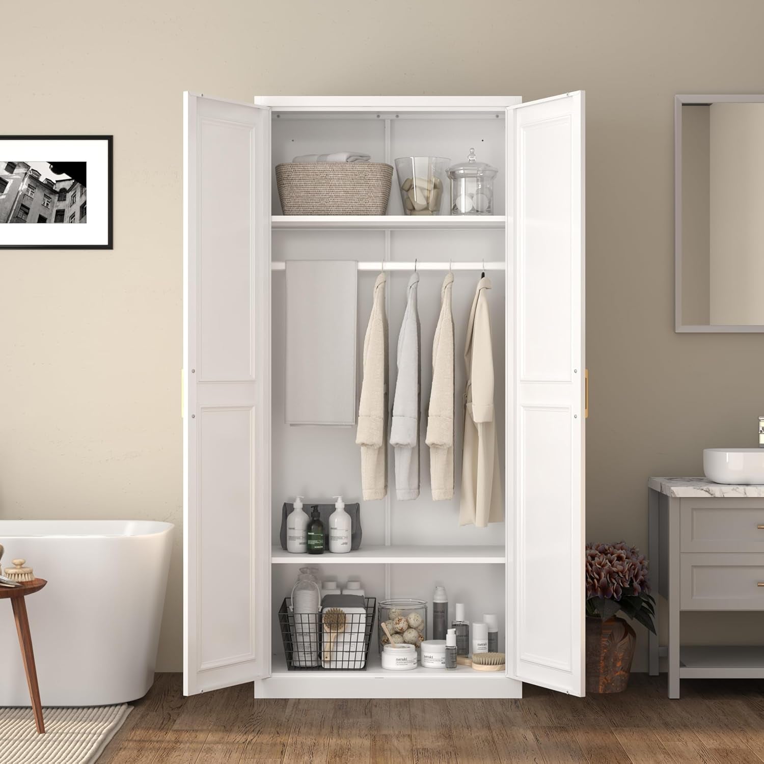 Metal Wardrobe Cabinets，Armoire Wardrobe Closet with Hanging Rod,Clothes Storage Cabinet with Adjustable Shelves and Doors, Clothing Cabinet for Bedroom, Office, Laundry Room